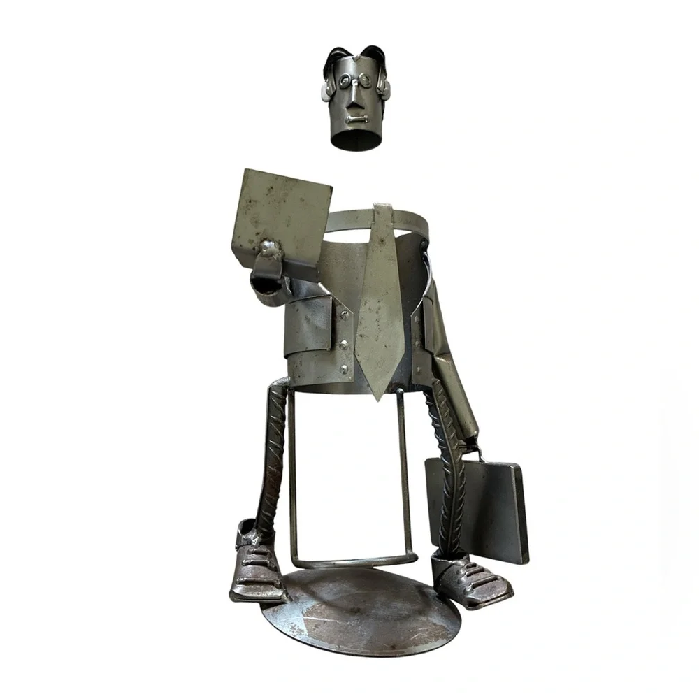 Businessman Wine Bottle Holder Metal Sculpture Laptop Technology Industrial ‘90s